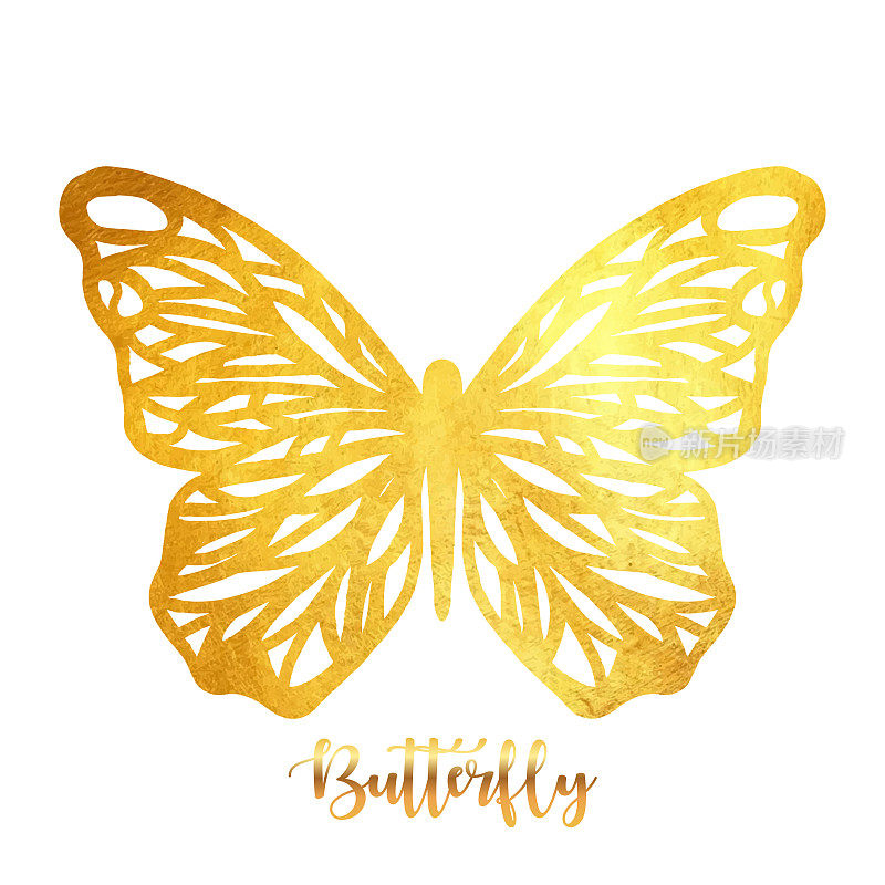 金色闪光蝴蝶装饰。贺卡和名片设计的设计元素。闪闪发光的蝴蝶与金色纹理。春假装饰设计元素。