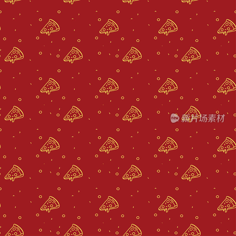 披萨店红色背景上的淡黄色披萨图案