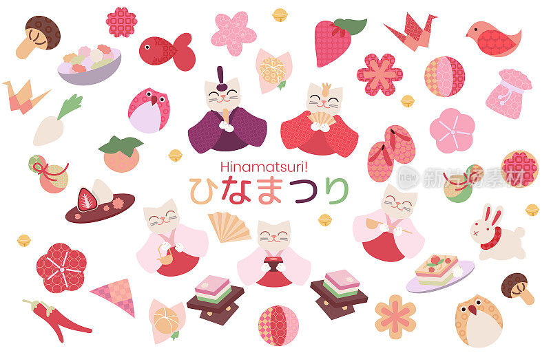 女儿节日本女孩节日庆祝卡。皇帝家人和仆人的猫娃娃周围是各种手工制作的娃娃，用来许愿。字幕翻译:Hinamatsuri