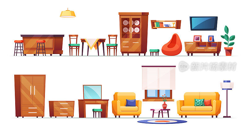 客厅家具卡通。家居室内装饰家具，舒适的客厅和厨房。木制衣柜，带窗帘的窗户，扶手椅，枕头，沙发，吧台，书架和书