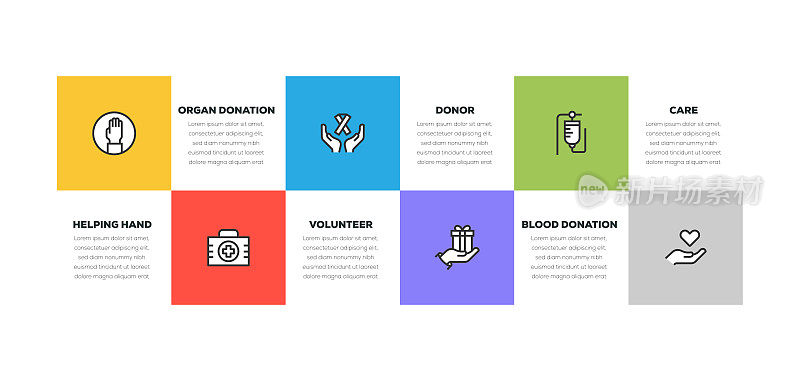 信息图表设计模板。帮助之手，器官捐赠，志愿者，捐赠者，献血，关怀图标有6个选择或步骤。