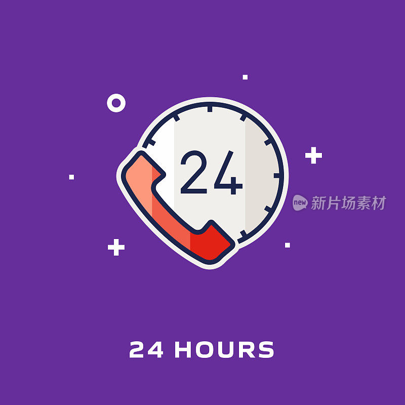 24H支持平面样式线图标，矢量符号插图。