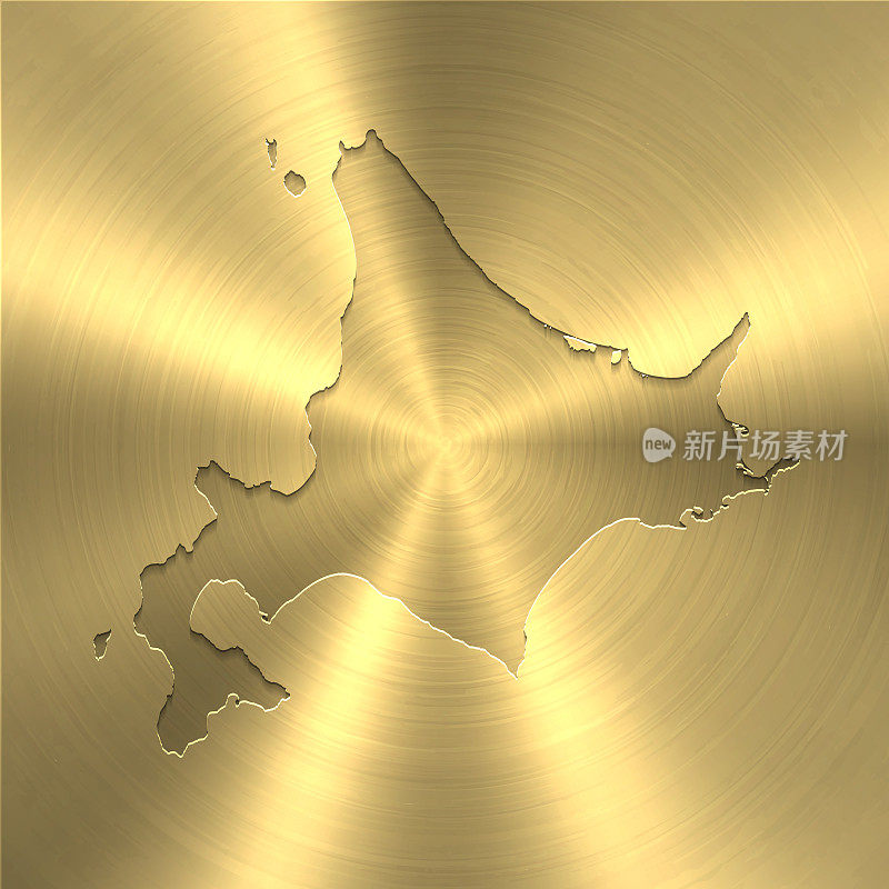 北海道地图上的金色背景-圆形拉丝金属纹理