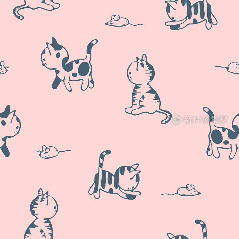 重复向量模式与可爱的猫在粉红色的背景。简单的动物壁纸设计的孩子。装饰小猫时尚纺织品。
