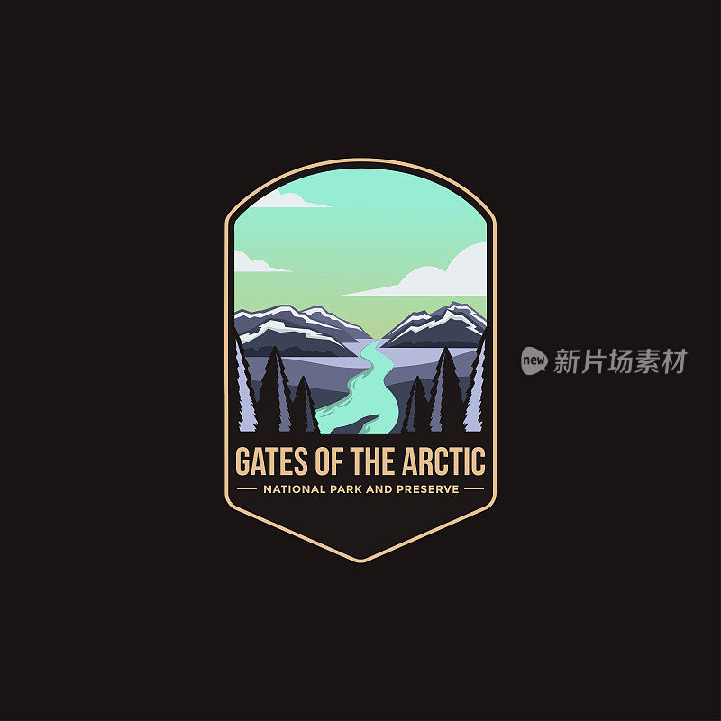 在黑暗背景上的北极国家公园和保护国家公园之门的徽章补丁矢量插图