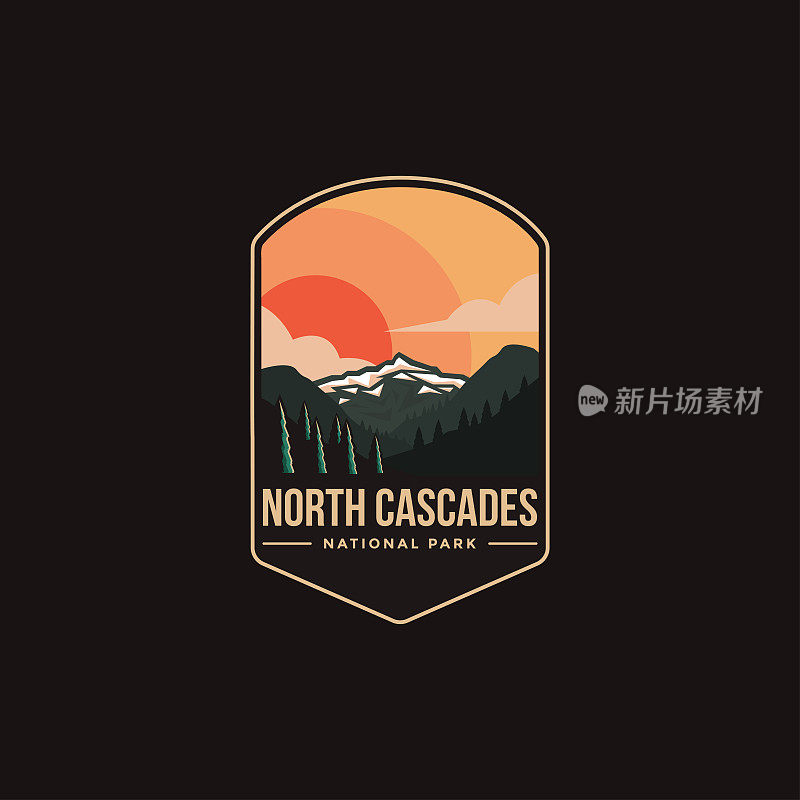 在黑暗的背景上，北瀑布国家公园的徽章补丁矢量插图