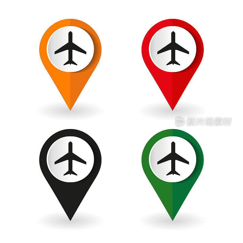 飞机，飞行，飞机图标，一套彩色按钮在4种颜色的选择。地图标记与平面图标，矢量插图。