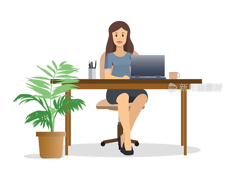 微笑的年轻女商人一边工作一边看笔记本电脑。坐在办公桌前完成任务。自由职业者或办公室专业概念，办公室工作流矢量插图。