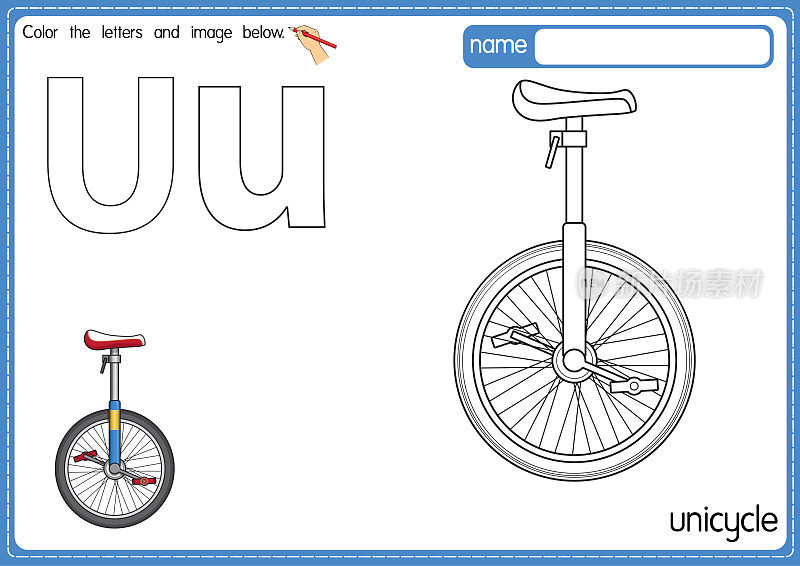 矢量插图的儿童字母着色书页与概述剪贴画，以颜色。字母U代表独轮车。