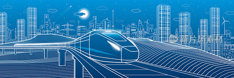 现代夜城，霓虹灯城。火车。城市基础设施和交通图解。城市场景。矢量设计艺术。蓝底白线