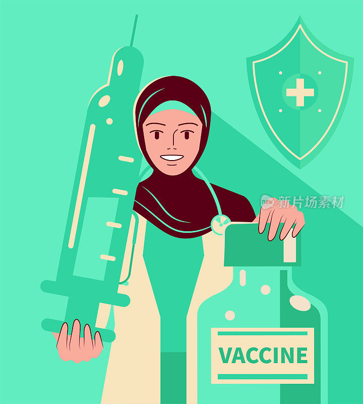 一名年轻的穆斯林女医生(护士)戴着听诊器，手持疫苗瓶和注射器抗击冠状病毒(COVID-19，流感病毒)