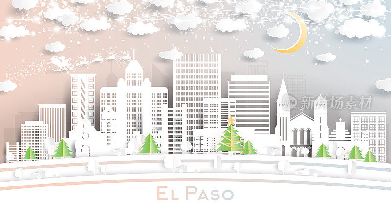 埃尔帕索德州城市天际线剪纸风格与雪花，月亮和霓虹灯花环。