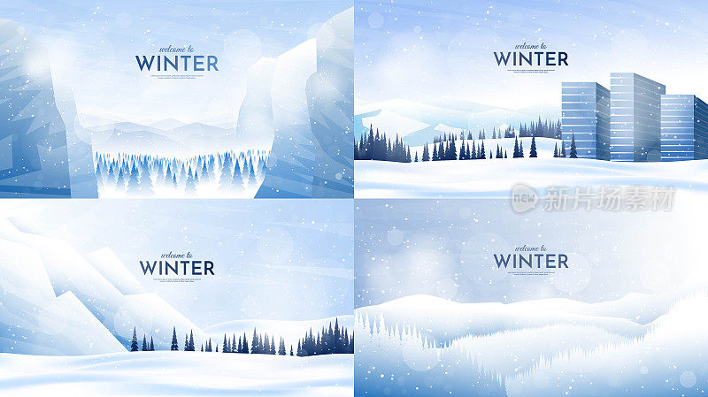 矢量插图。平的冬季景观。简单的背景。雪堆。降雪。湛蓝的天空。暴雪。下雪的天气。冬天的季节。全景壁纸。设置的背景。