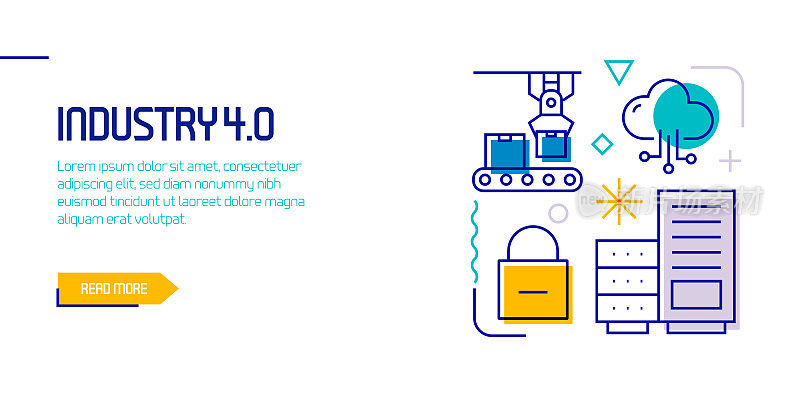 工业4.0相关设计元素。带有轮廓图标的图案设计。色彩斑斓的矢量图
