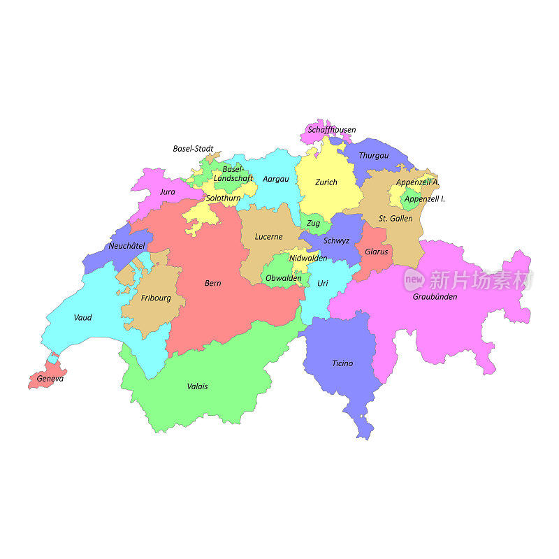 高质量彩色标记的瑞士地图与边界