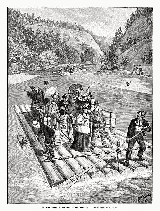 《慕尼黑远足者，乘木筏回家》木刻，1897年出版