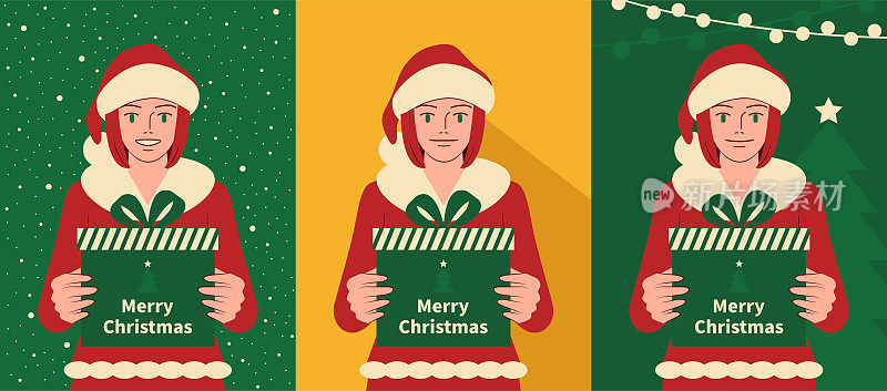 微笑着美丽的少女穿着圣诞老人的衣服拿着圣诞礼物有三个背景