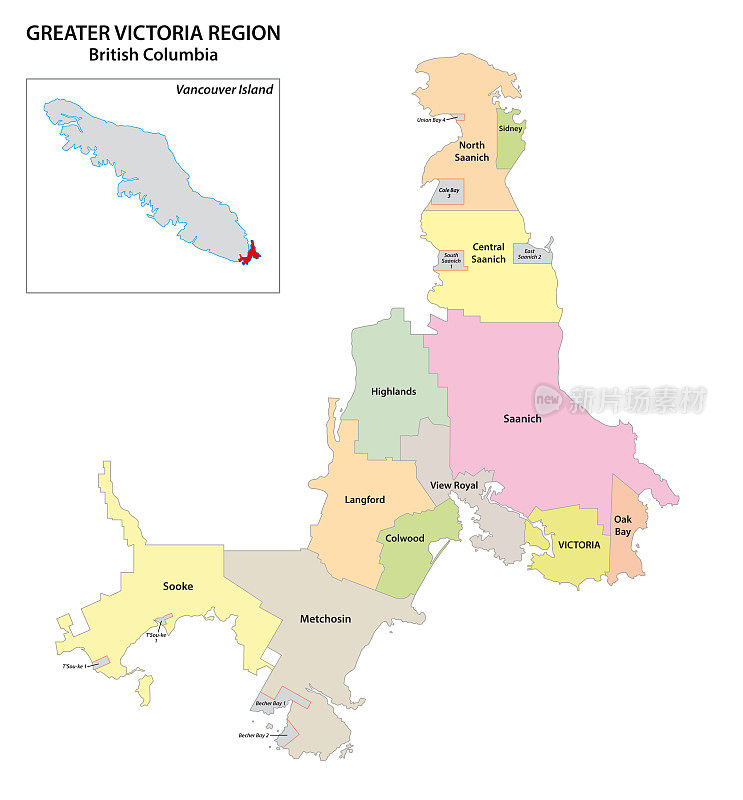 加拿大不列颠哥伦比亚省温哥华岛大维多利亚地区行政地图
