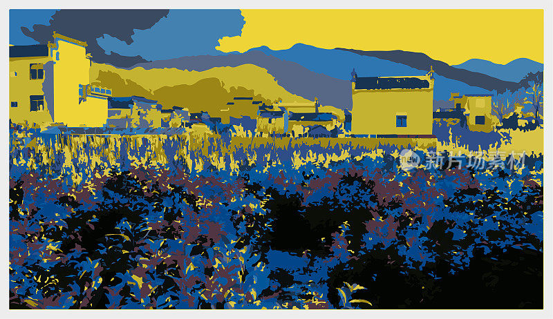 矢量色彩雕刻风格的山景背景，黟县，安徽省黄山市-中国