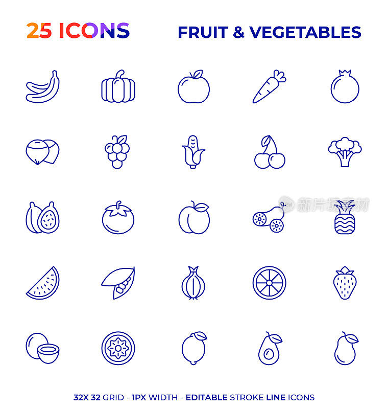 水果和蔬菜可编辑的线条图标系列