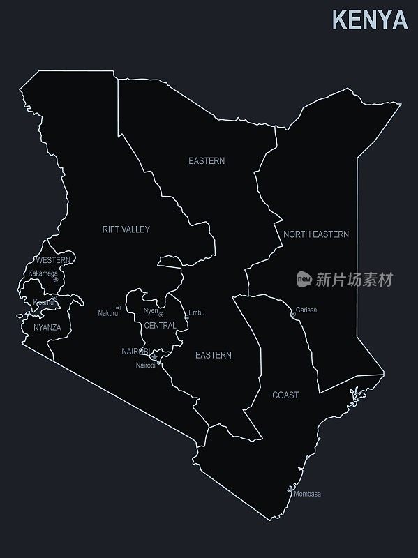 肯尼亚的平面地图，以黑色为背景的城市和地区