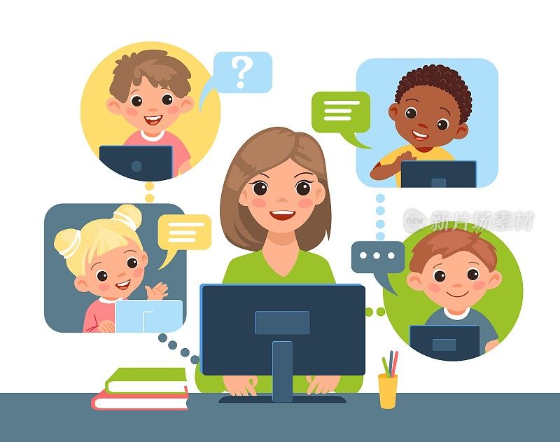 孩子们在线学习。远程上课，与老师上网聊天，女人坐在桌前与电脑互动共同学习。多渠道学校教育，载体孤立概念