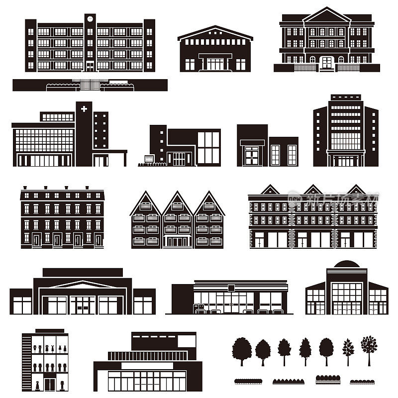各种建筑物的矢量插图。建筑物的外部视图。建筑轮廓。