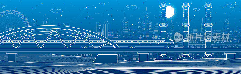火车在桥上行驶。三个工业管道。城市工业和交通插图。城市场景。蓝色背景上的白线。矢量设计艺术