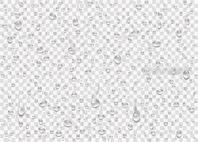 雨水集雨滴，纯净的水滴凝结在透明的背景上。逼真的矢量插图气泡在窗户玻璃上。
