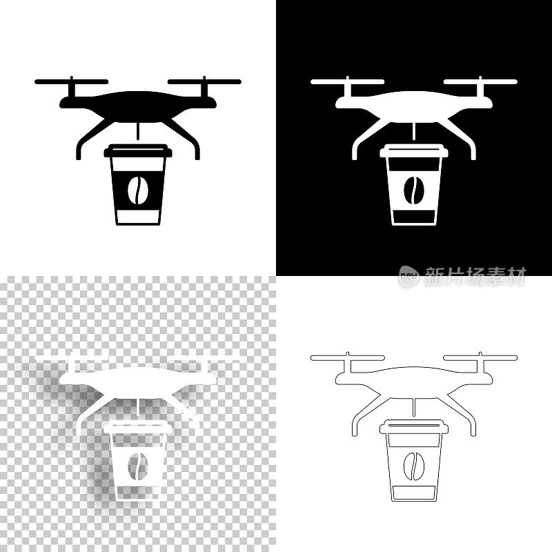 送餐无人机和咖啡。图标设计。空白，白色和黑色背景-线图标