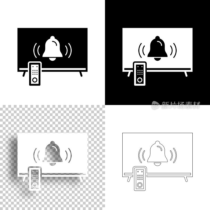 电视铃声-通知。图标设计。空白，白色和黑色背景-线图标