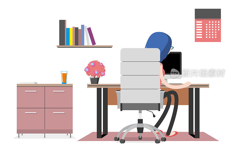 女孩正坐在一间现代化办公室的工作场所里。内阁。创意工作空间，办公室内部。现代的计算机协同办公中心。色彩斑斓的矢量图