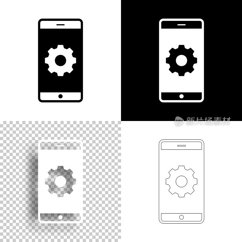 智能手机设置-齿轮。图标设计。空白，白色和黑色背景-线图标