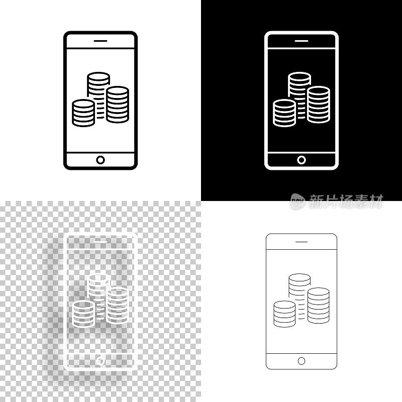 智能手机与堆栈的硬币。图标设计。空白，白色和黑色背景-线图标