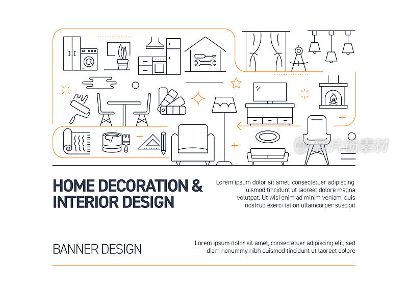 家居装饰与室内设计相关的矢量横幅设计概念，现代线条风格与图标