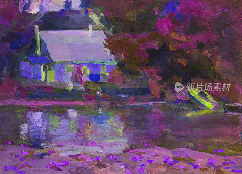艺术油画插画作品，河岸上的房子，盛开的睡莲，岸边的码头上的船，以夜蓝色的水为背景