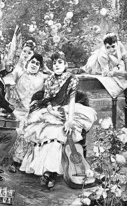 四个快乐的女音乐家在塞维利亚被花海包围