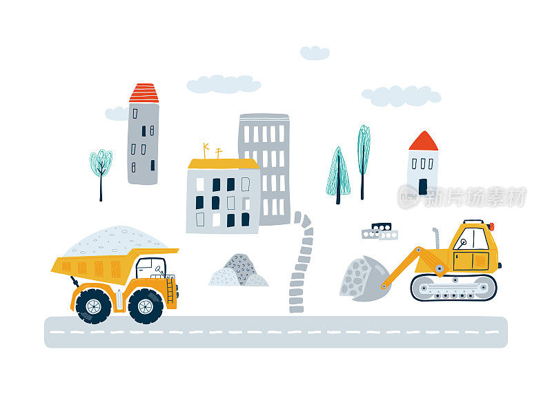 横幅与可爱的建筑车辆和城市在平坦的风格。为孩子们画黄色的自卸卡车和推土机。向量