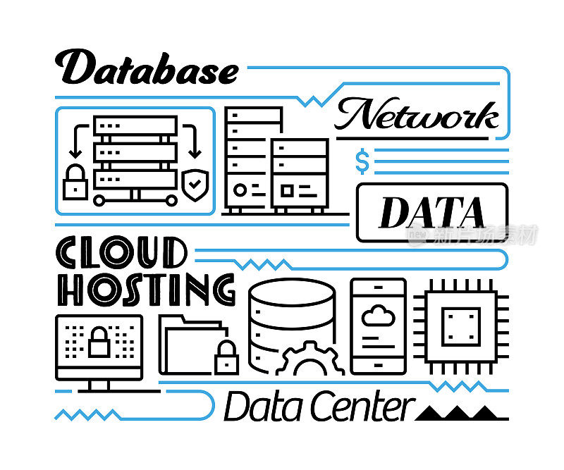 大数据对象和元素。线条图标插图集合。图标设置或标题模板。