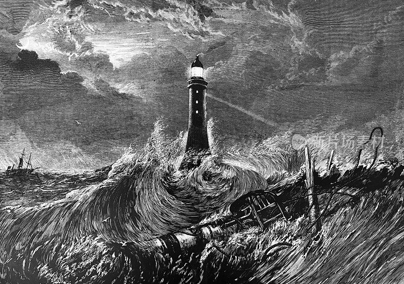 英国康沃尔郡波涛汹涌的大海中的埃迪斯通灯塔