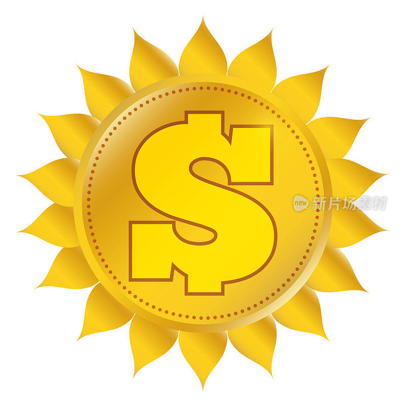 金色太阳形硬币，带有货币符号