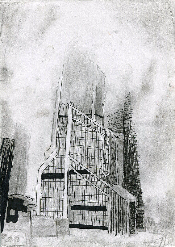 抽象的未来城市景观。城市里的摩天大楼。朋克在雾中。单色铅笔插图，
