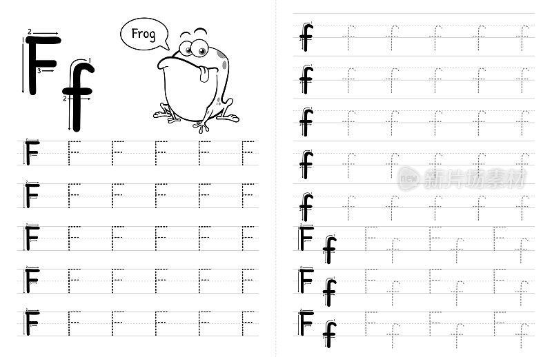 ABC字母追踪儿童书籍内部。孩子们写带有图片的作业纸。高级矢量元素字母F。