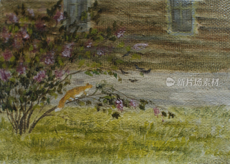 紫丁香树丛和一只猫的夏日风景。画布上的油画。印象主义。