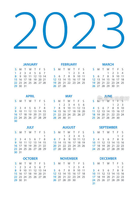 2023年日历-矢量插图。一周从周日开始