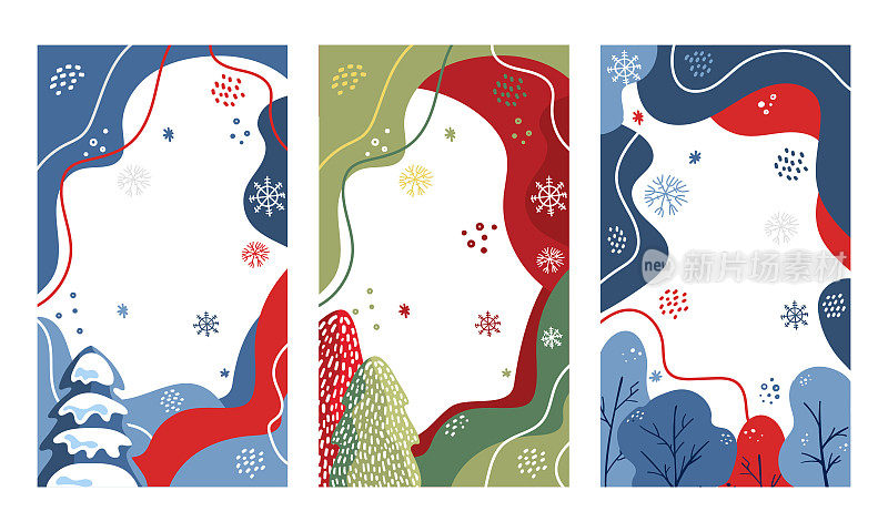 冬季销售故事模板集。传单设计冬季销售与冷杉树，松树，雪花，雪堆，抽象的形状和复制空间