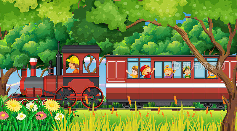 一个孩子在火车上与自然风景