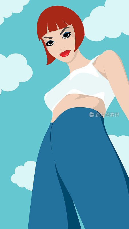 红头发的年轻女子穿着蓝色的裤子和白色的露脐上衣向下看蓝天与云，下视图