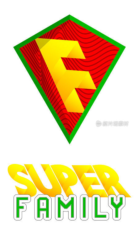 超级英雄的盾徽显示家庭图标。彩色漫画风格的矢量插图。