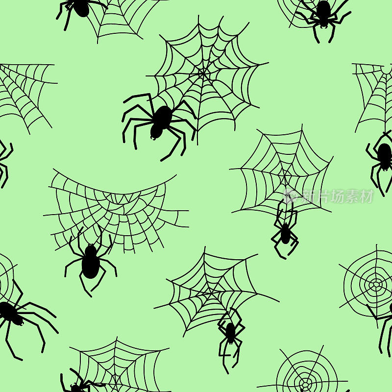 黑色蜘蛛和网状无缝的图案。万圣节标志的恐怖蜘蛛网。矢量插图孤立在橙色背景。